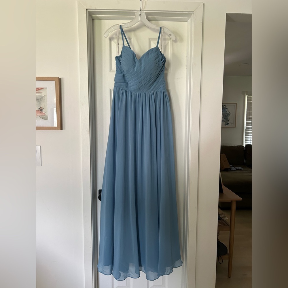 Azazie Steel Blue “Lisbon” Dress with Spaghetti Straps